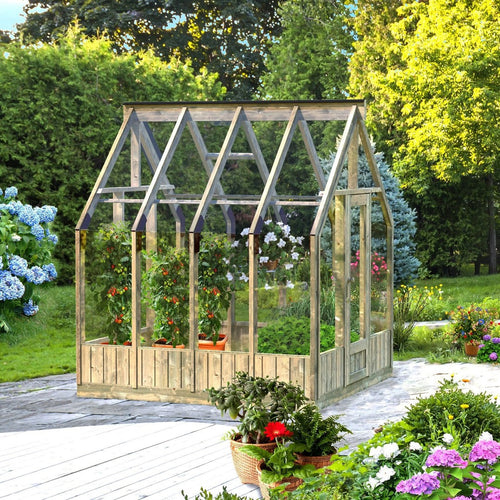 Wooden greenhouse with plants and flowers in a garden setting