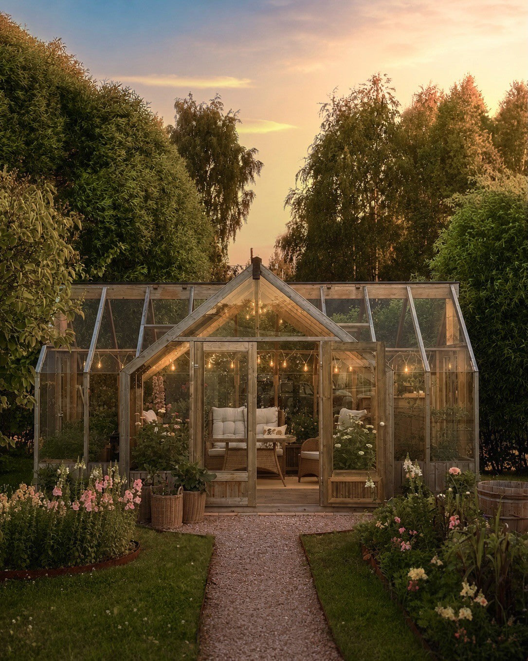 A Nordwood greenhouse with string lights in a flower garden at golden hour