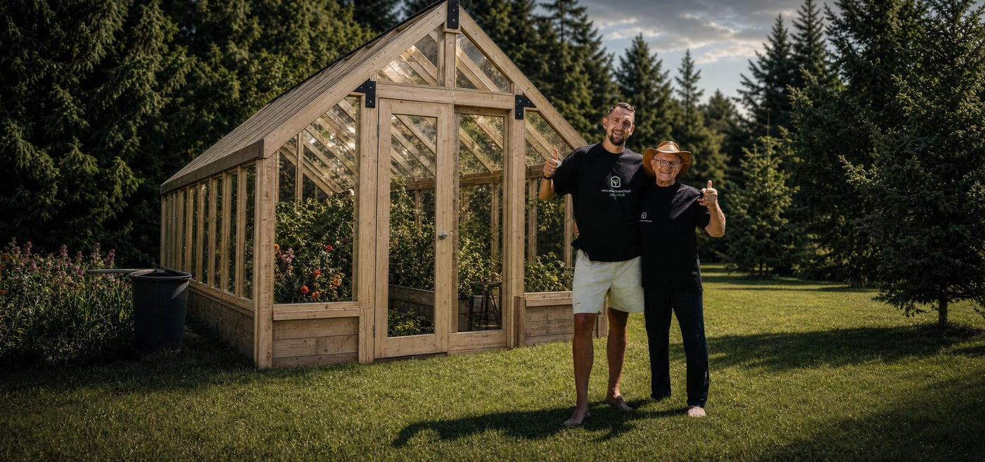 Gustavs and his dad in front of the first Nordwood greenhouse they built together