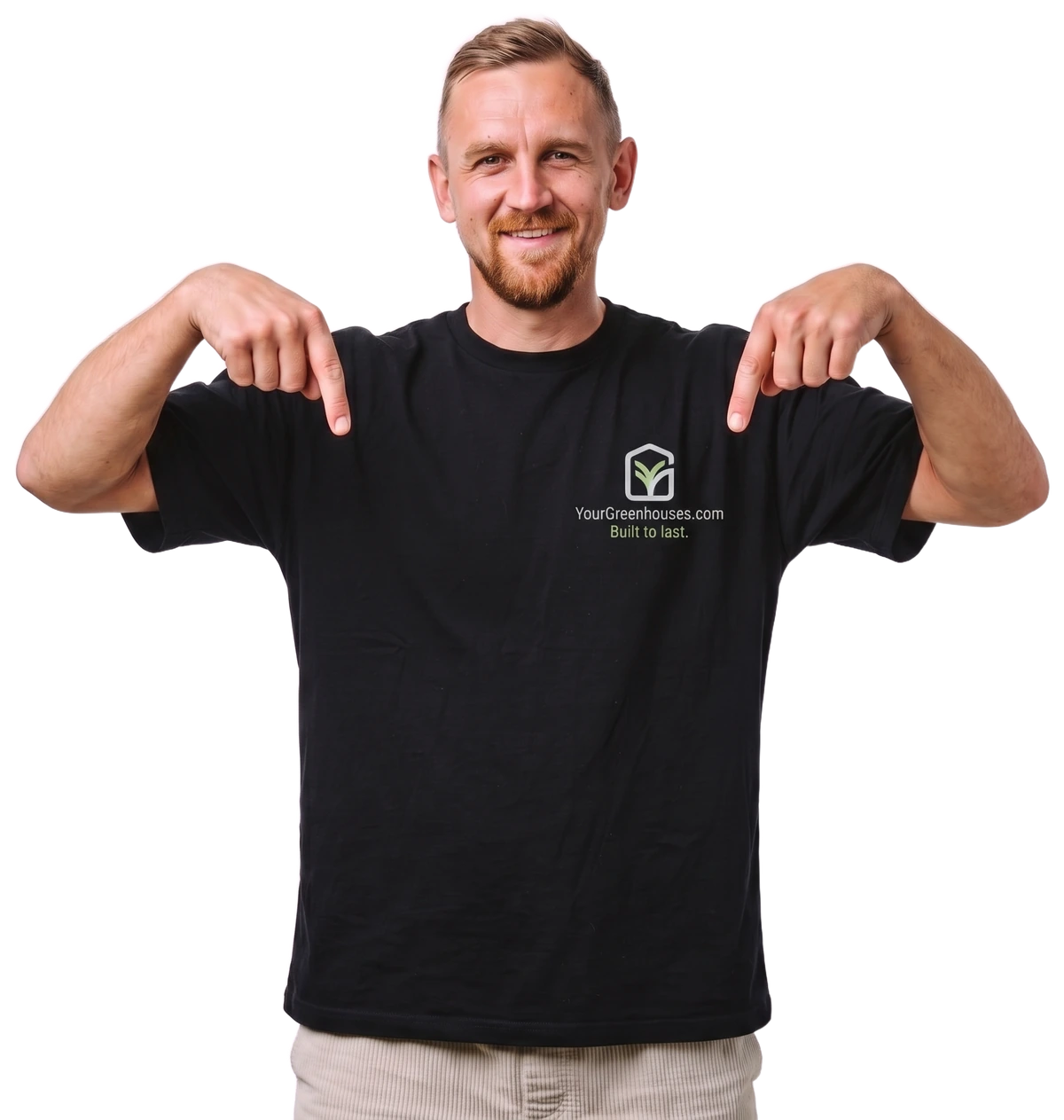Gustavs, founder of YourGreenhouses, pointing down at the become a dealer button