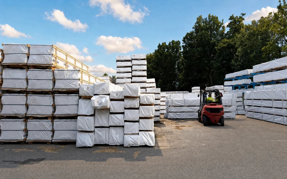 Greenhouse kits stocked at the factory yard, ready to ship