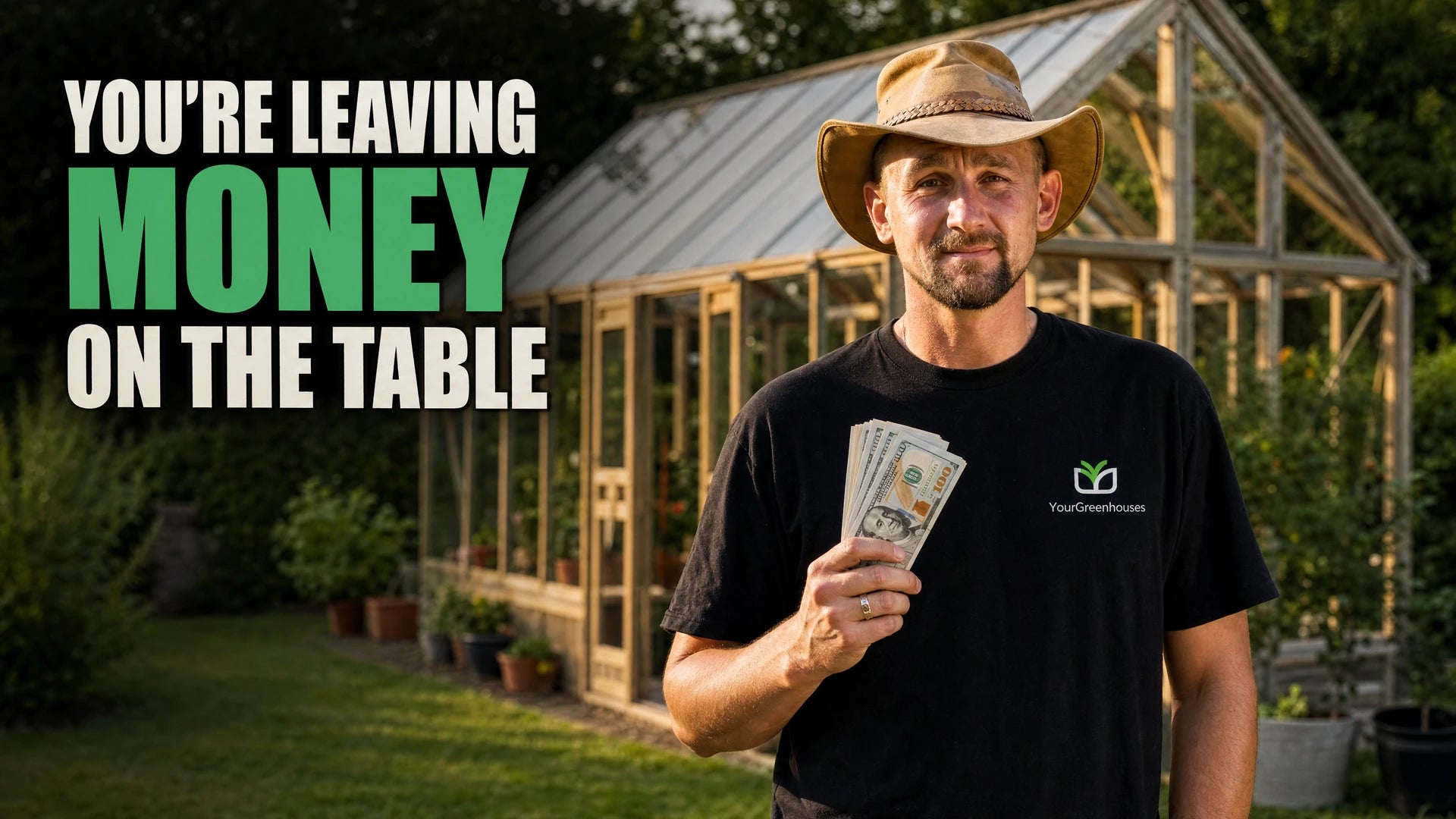 Gustavs, founder of YourGreenhouses, behind a table of cash with a Nordwood greenhouse behind him