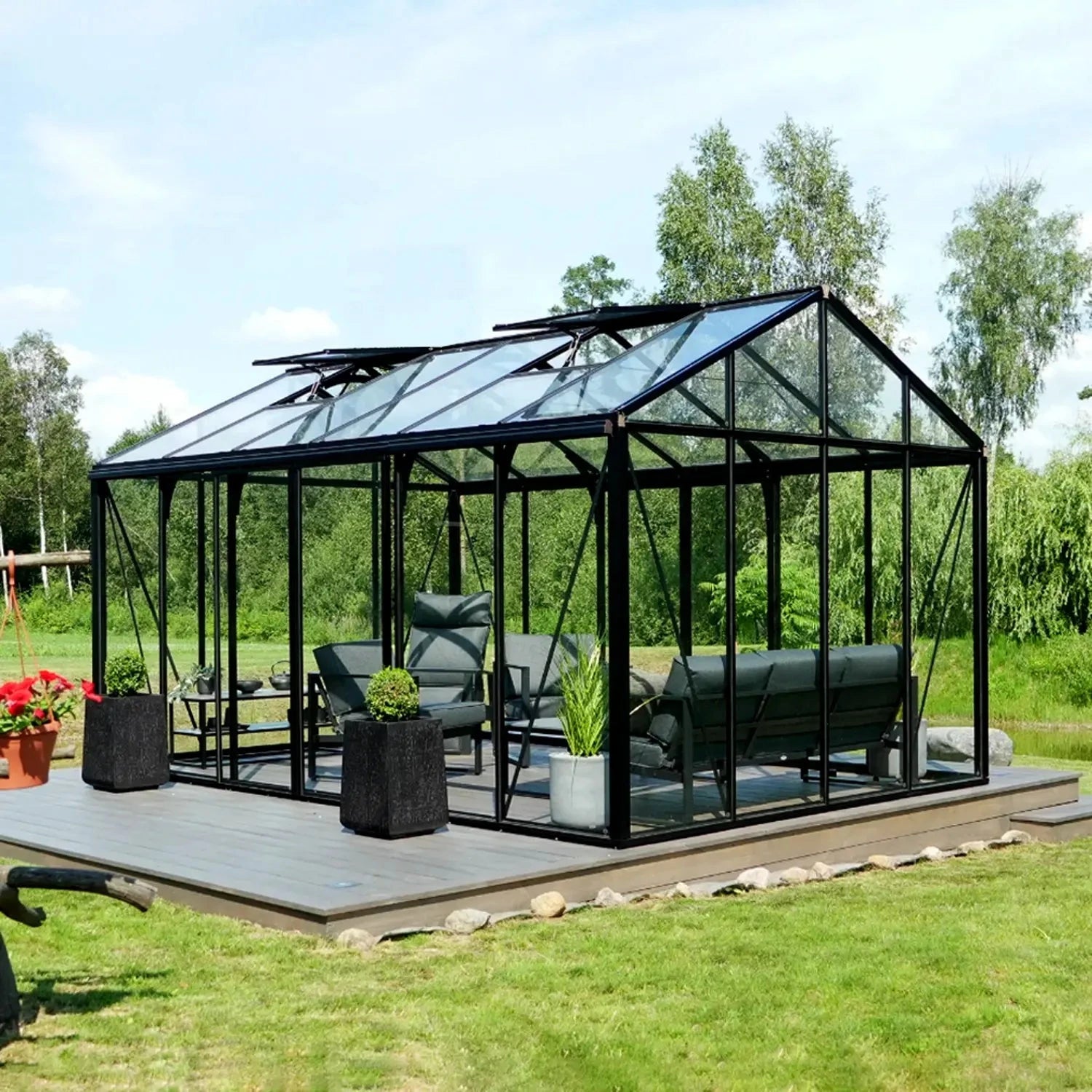 Scandiglas greenhouse, black powder-coated aluminum frame with tempered safety glass
