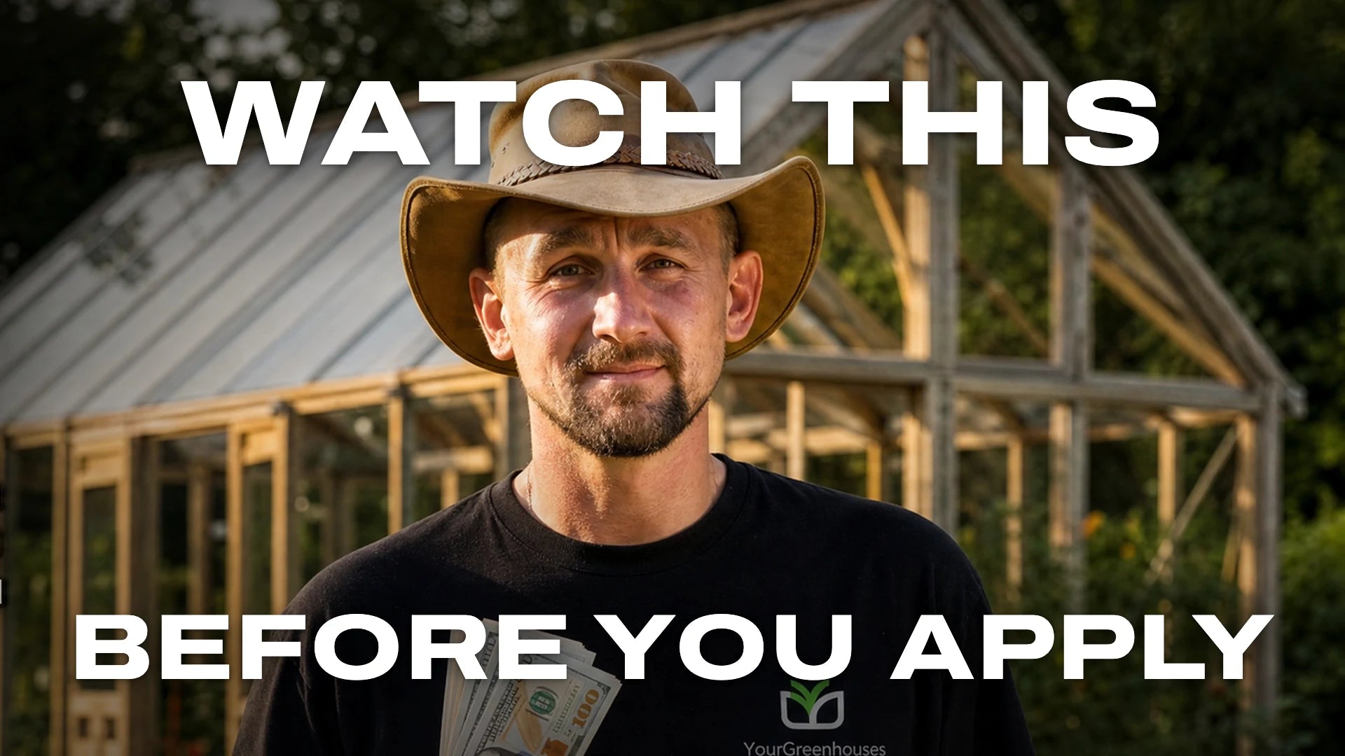 Gustavs, founder of YourGreenhouses, with cash in hand in front of a Nordwood greenhouse: watch this before you apply