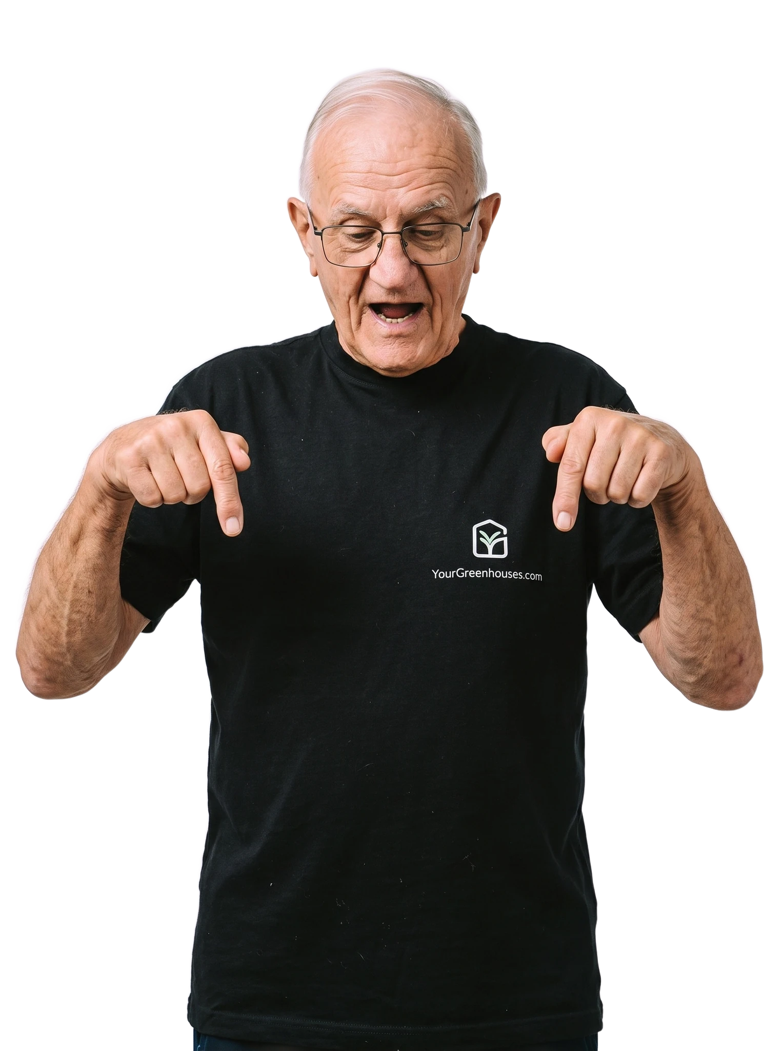 The founder's father in a YourGreenhouses t-shirt, pointing down at the dealer video